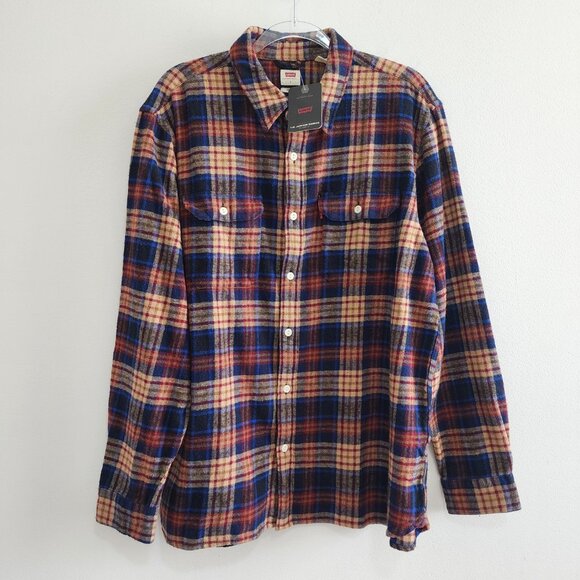 NWT Levi's Plaid Flannel Button Down Shirt Mens L Dark Blue/Orange - Picture 1 of 10